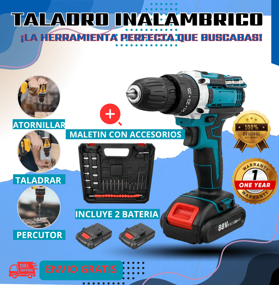 Taladro Inalambrico 3 en 1 Atornillador, Perforador y Percutor + Accesorios