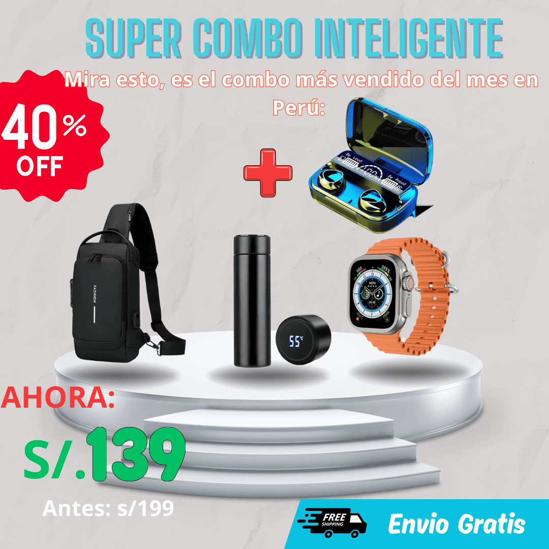 Combo Inteligente - Morral anti Robo, Thermo digital, Reloj Smartwatch y Audífonos M10