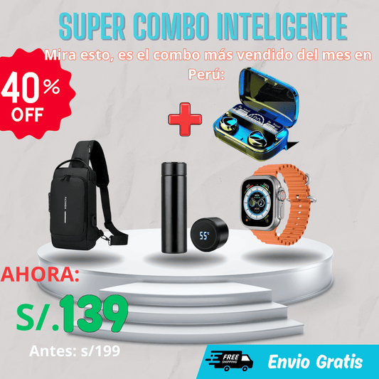 Combo Inteligente - Morral anti Robo, Thermo digital, Reloj Smartwatch y Audífonos M10
