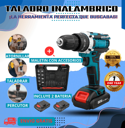 Taladro Inalambrico 3 en 1 Atornillador, Perforador y Percutor + Accesorios