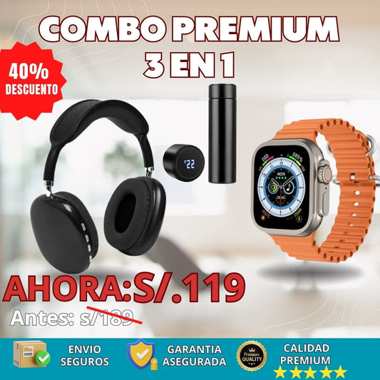 Combo premium3 en 1: Smartwatch T 900 Ultra + Audifono P9 + Termo digital